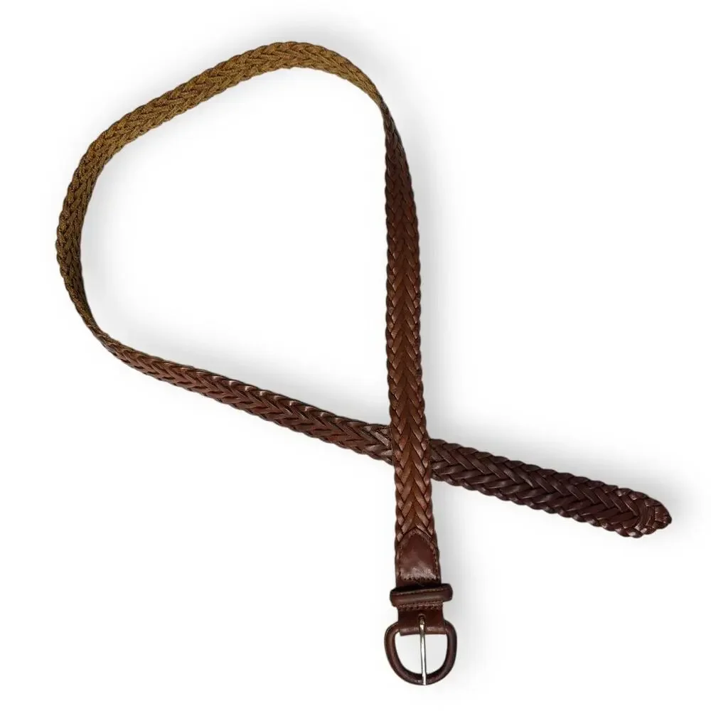 Vintage Braided Leather Belt Brown Leather Buckle Oil Tanned Cowhide Mens 38-95